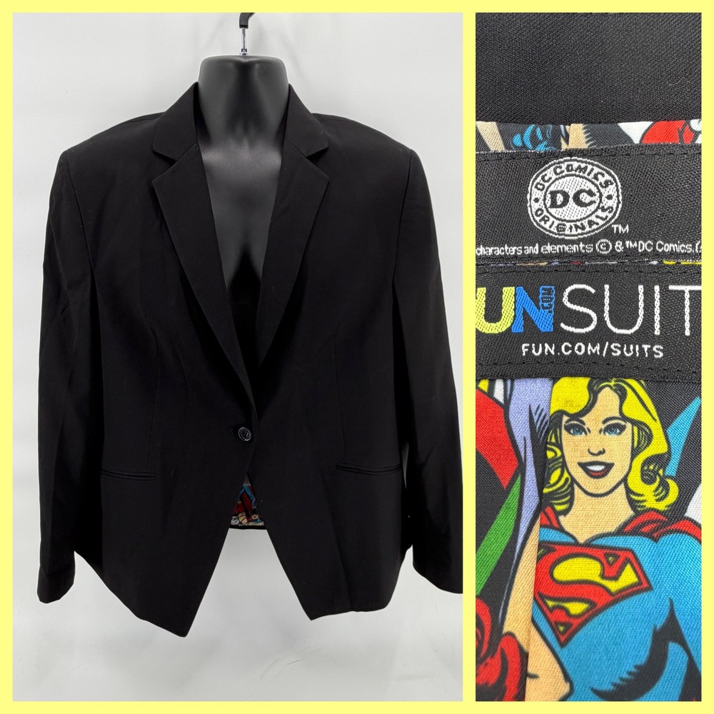 DC Comics Fun Suits Women's Blazer Size 18 Black Comic Print‎ Lining Supergirl